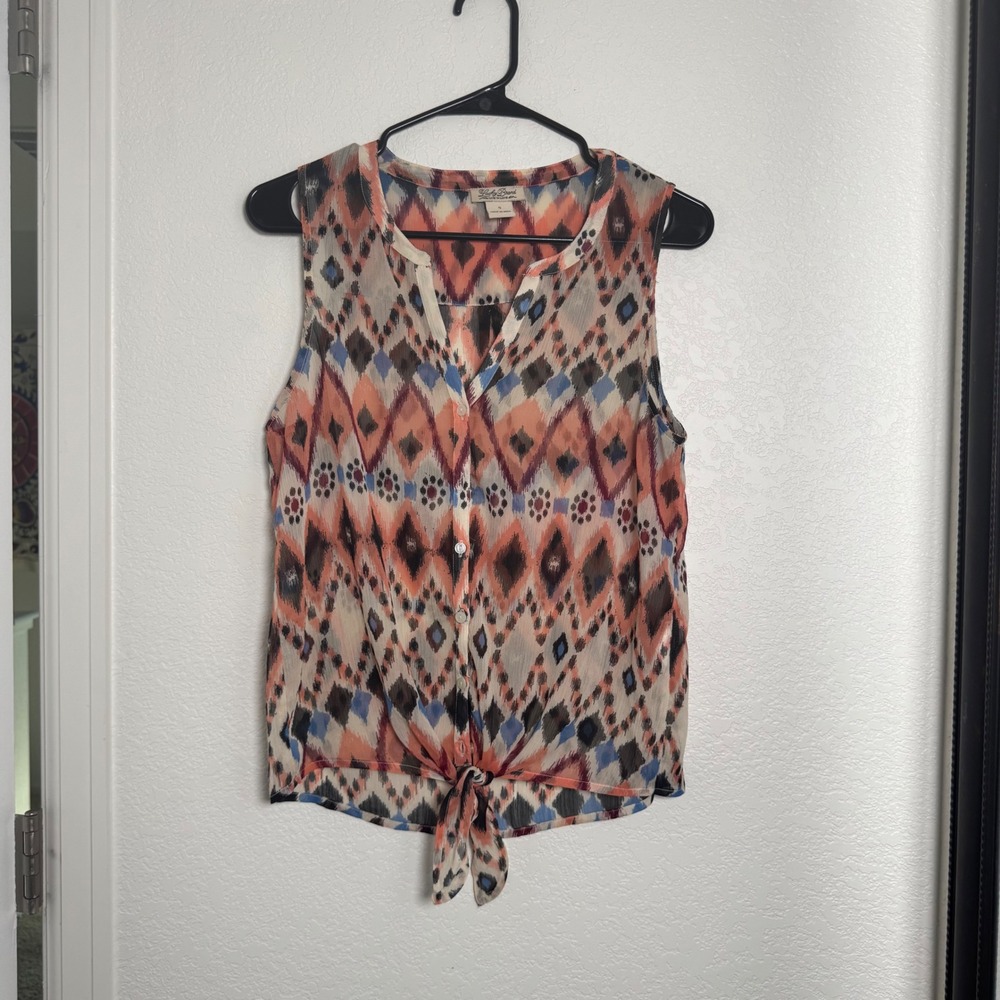 Lucky Brand Sleeveless Top Womens Small Multi Color Ikat Diamond Tie Front Boho